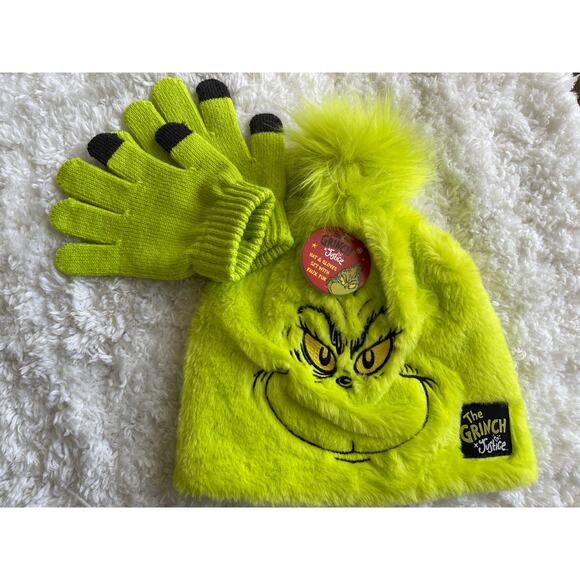 The Grinch Faux Fur Kids Beanie Hat Gloves Set Green Fluffy Christmas NEW Xmas - Picture 7 of 7